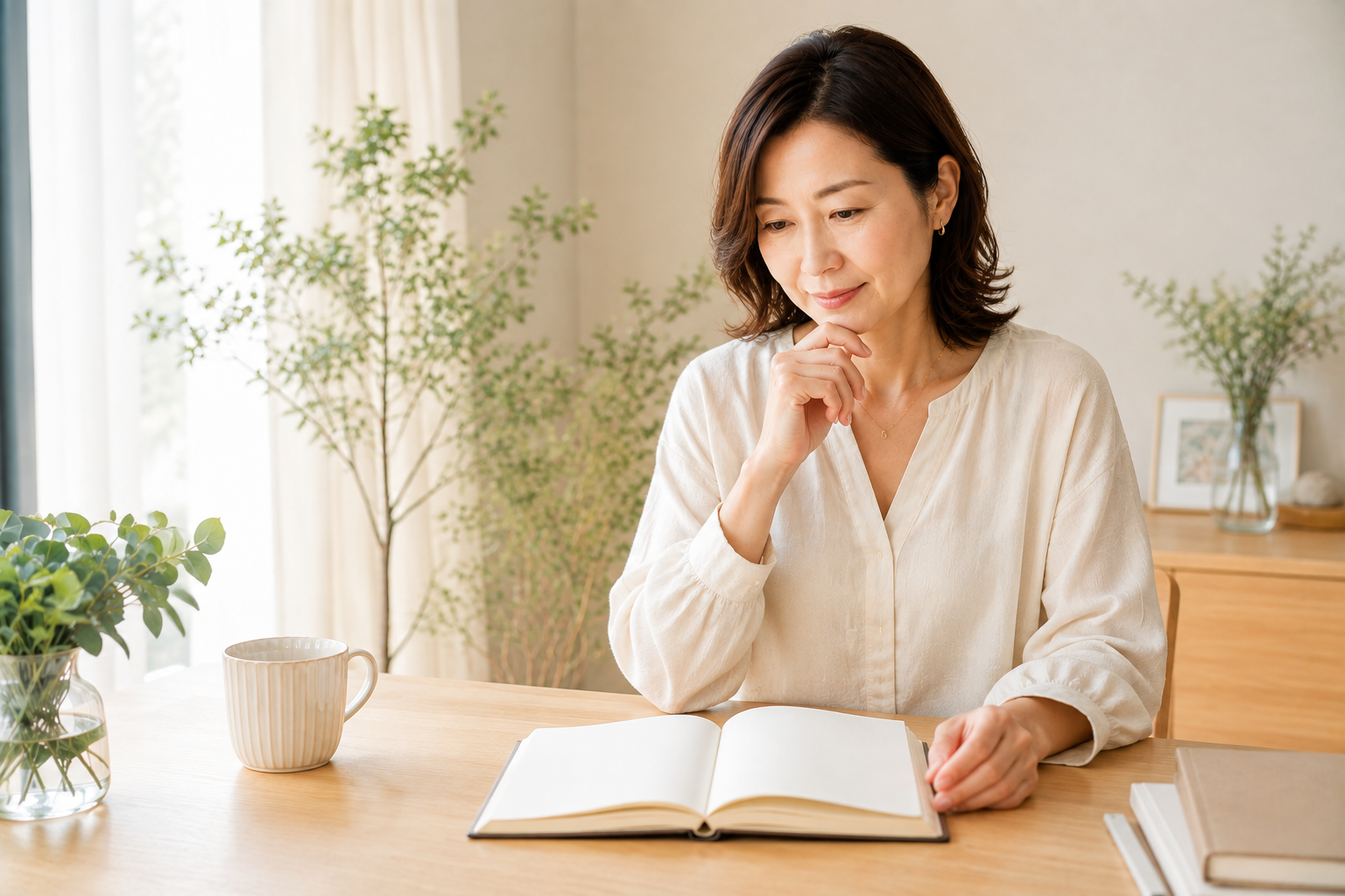 手帖を前に、これからの未来を考える女性