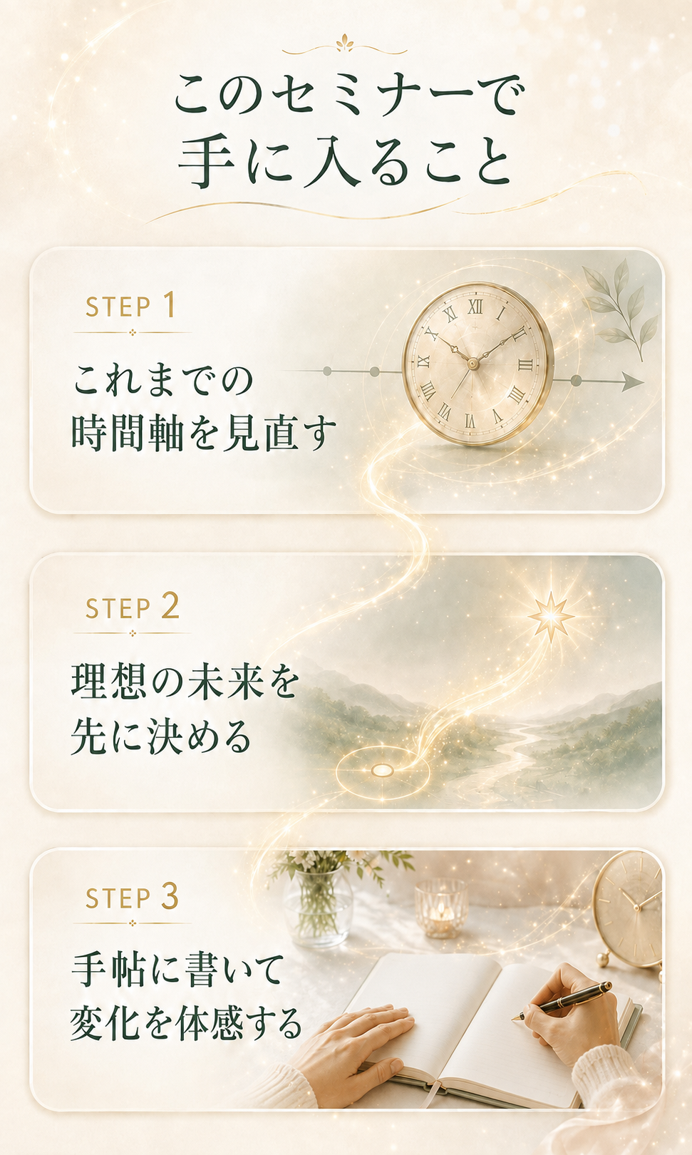 このセミナーで手に入ること。STEP1 これまでの時間軸を見直す、STEP2 理想の未来を先に決める、STEP3 手帖に書いて変化を体感する